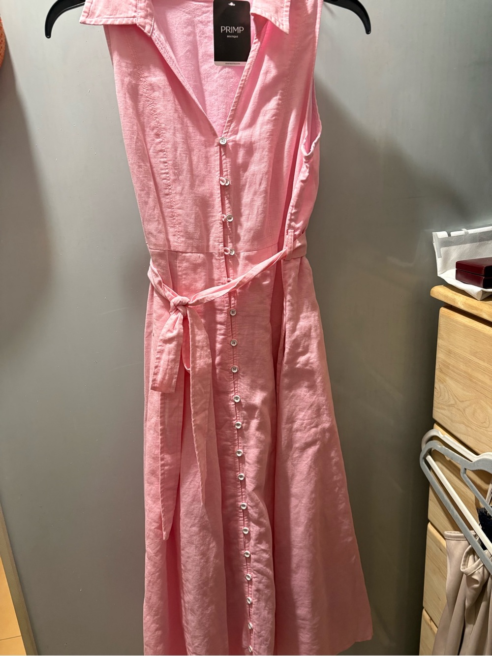 Primp Pink Sleeveless Button-Front Maxi Dress with Tie Waist